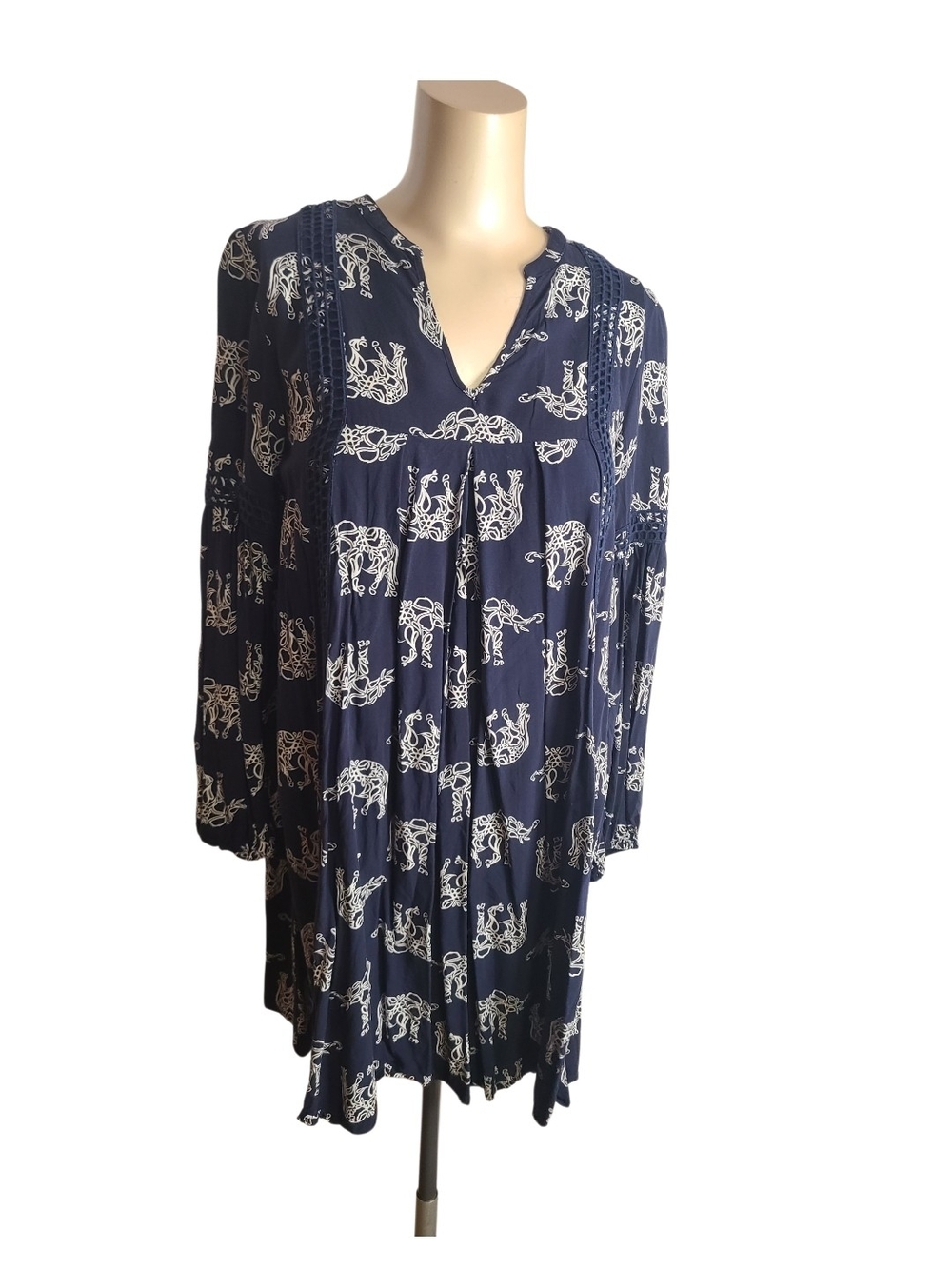 Crown & Ivy XS Navy Blue Elephant Print Crochet Inset Boho Dress